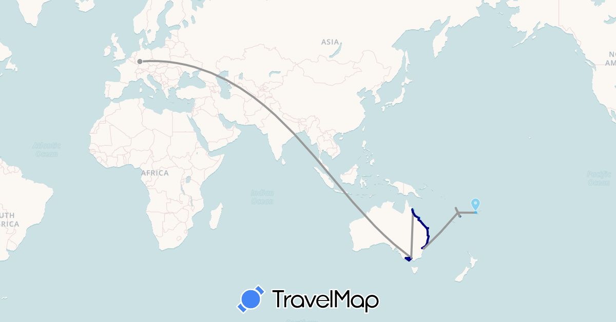 TravelMap itinerary: driving, bus, plane, train, hiking, boat in Australia, Germany, Fiji, Vanuatu (Europe, Oceania)